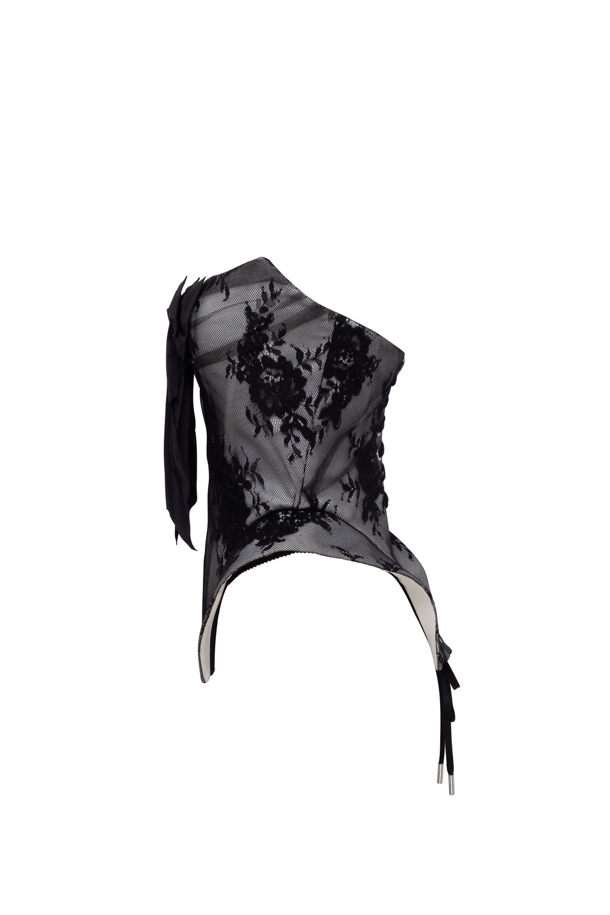 Black lace over the white mesh peplum corset with an oversized bow Parisienne
