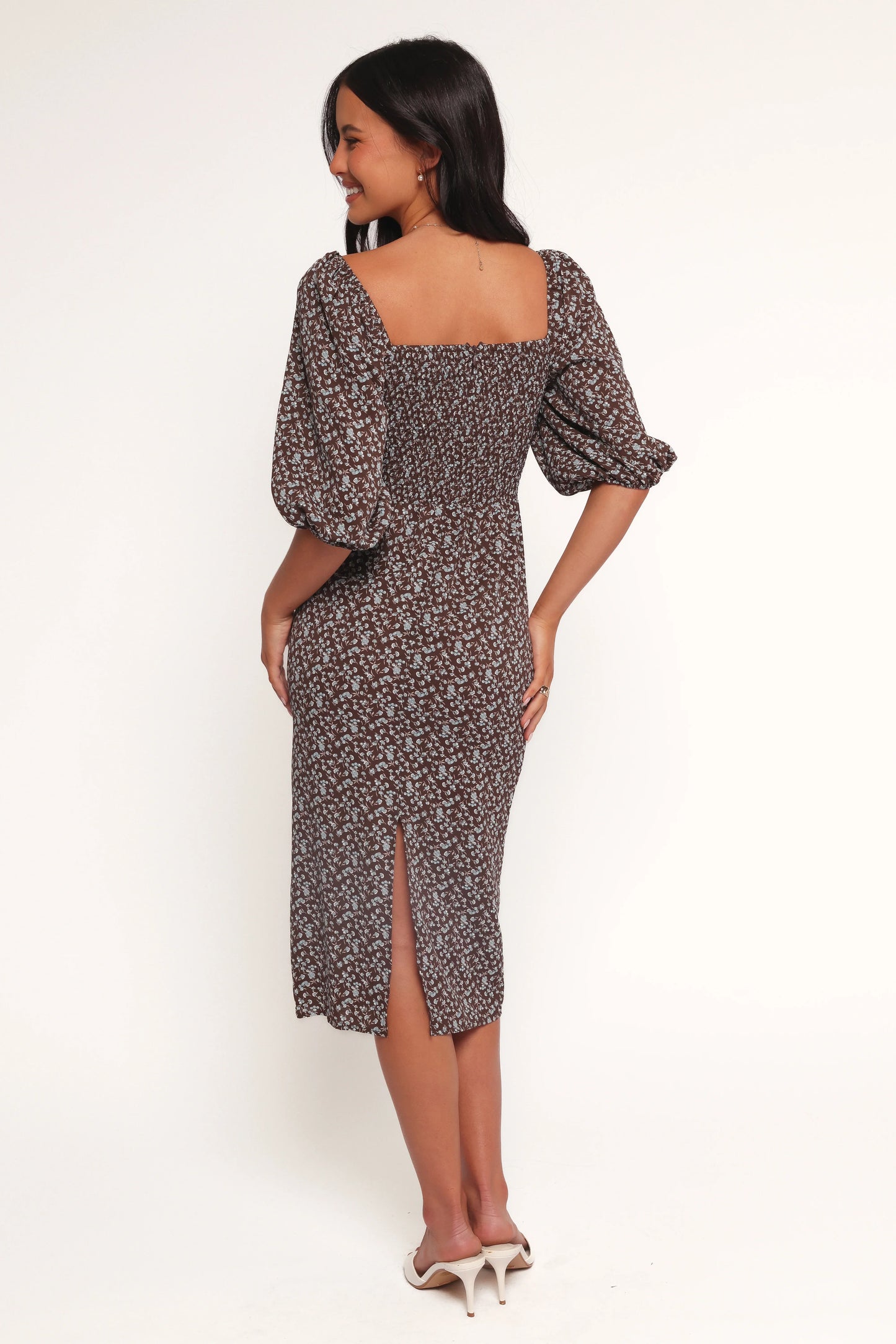 Oona Midi Dress Brown Blue Floral