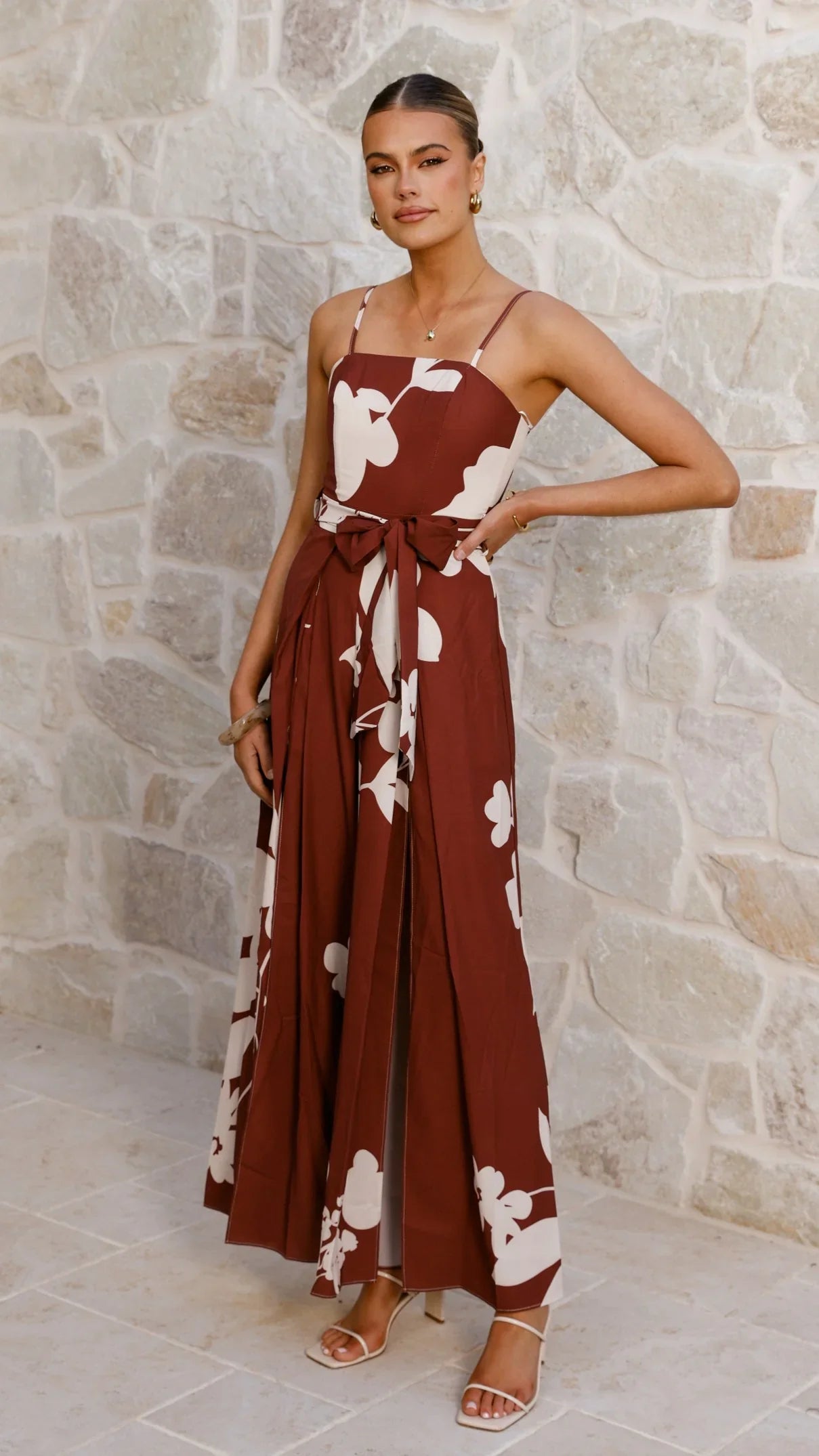 Carson Front Split Strapless Jumpsuit Merlot Floral