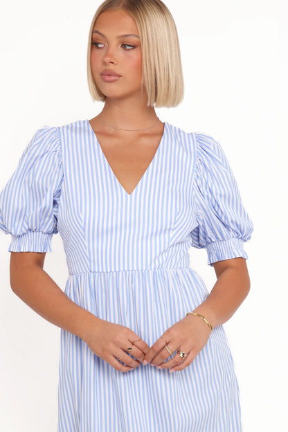 Steele Puff Sleeve Midi Dress Blue Stripe