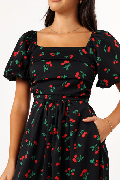 Chlo Puff Sleeve Midi Dress Cherry Print