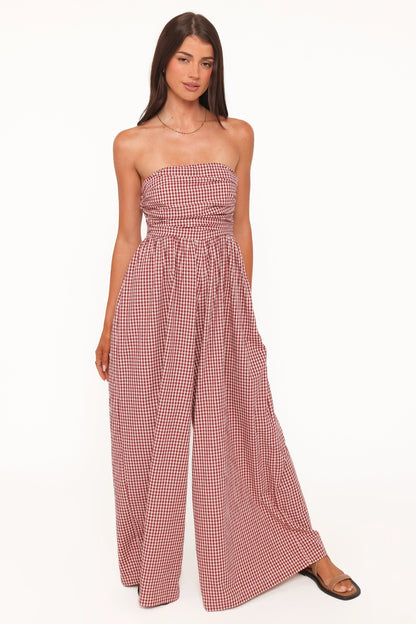 Paige Strapless Jumpsuit Red Gingham