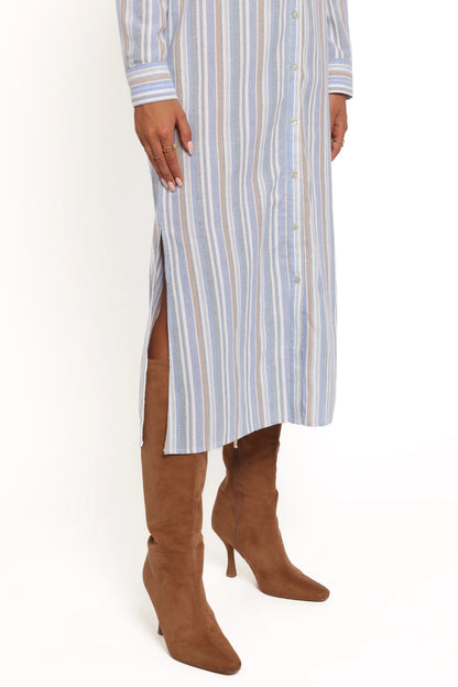 Caprice Long Sleeve Button Down Maxi Dress Blue Stripe