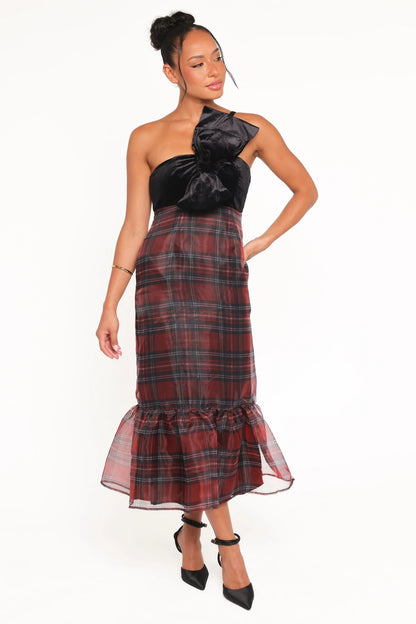 Amelie Bow Front One Shoulder Midi Dress Red Plaid