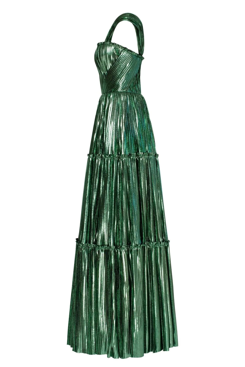 Emerald Green Shiny maxi evening dress with an off the shoulder neckline