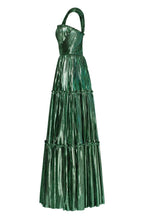 Emerald Green Shiny maxi evening dress with an off the shoulder neckline