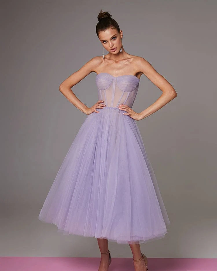 Lavender Strapless Puffy Midi Tulle Dress