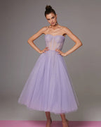 Lavender Strapless Puffy Midi Tulle Dress