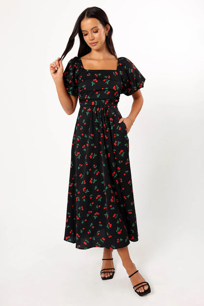 Chlo Puff Sleeve Midi Dress Cherry Print