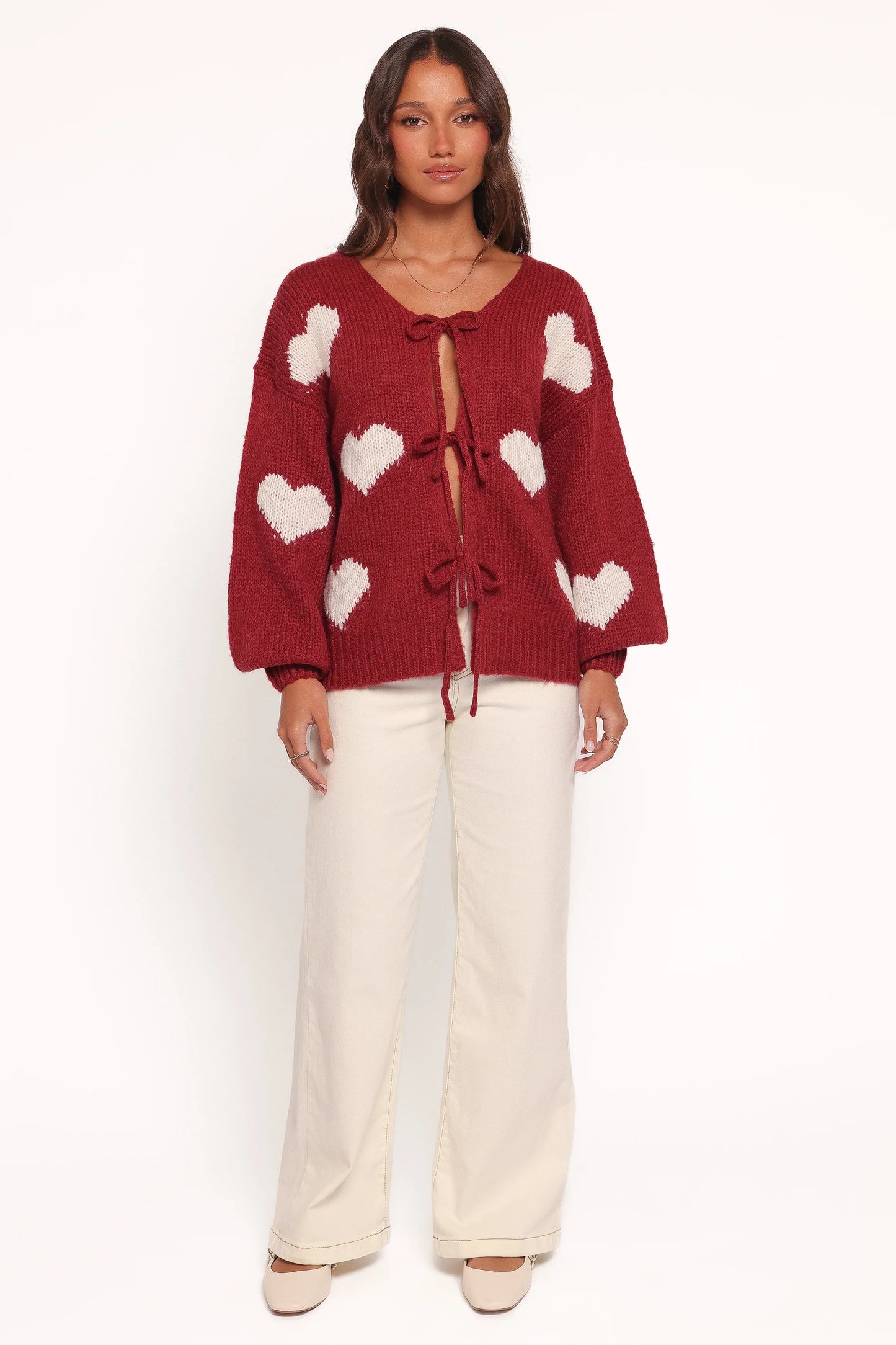 Nadine All Over Heart Tie Front Cardigan Wine