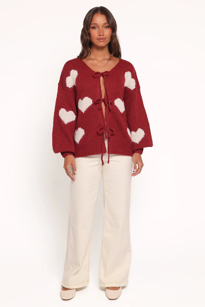 Nadine All Over Heart Tie Front Cardigan Wine