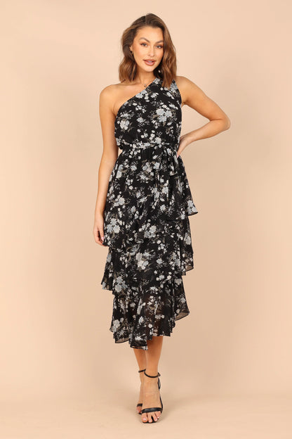 Brigette One Shoulder Tiered Midi Dress Black Floral