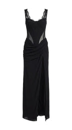 Black Maxi Dress with Corset Bodice and Slit