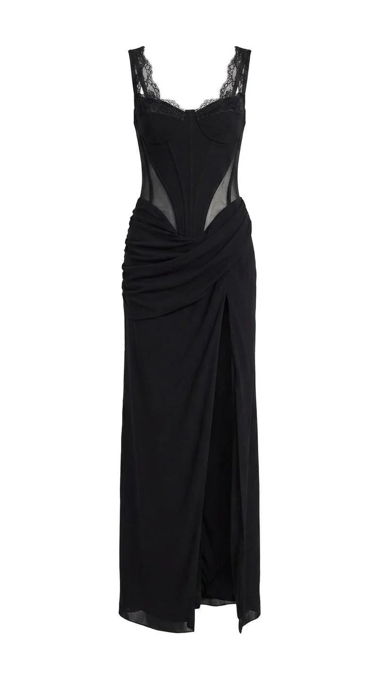 Black Maxi Dress with Corset Bodice and Slit