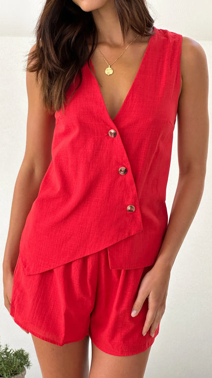 Gallia Asymmetrical Top and Shorts Set Red