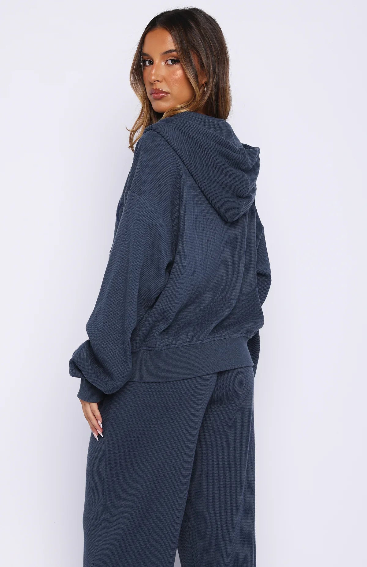 Leave Me Out Of It Waffle Boxy Zip Front Hoodie Navy