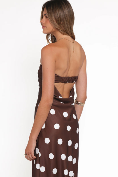 Remmie Strapless Maxi Dress Brown Polka Dot