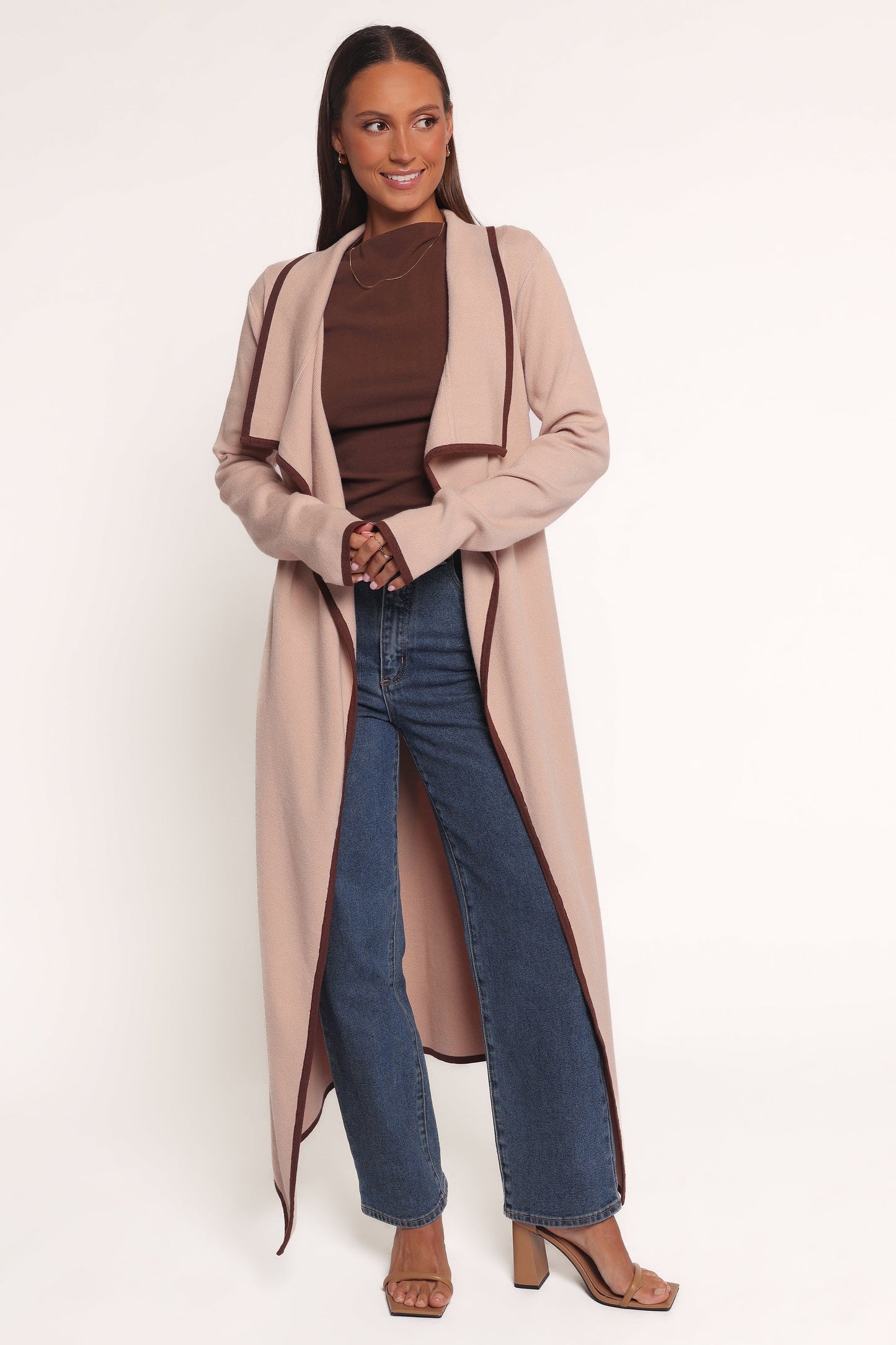 Vallis Contrast Trim Long Cardigan Beige