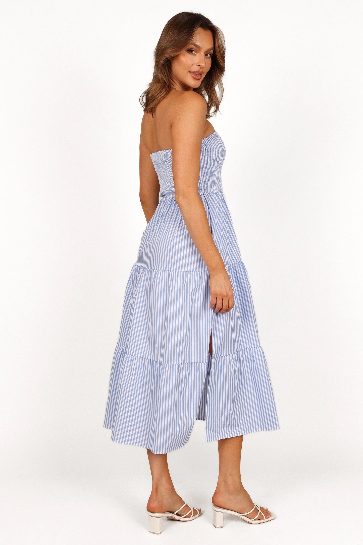 Maisie Strapless Midi Dress Blue Stripe