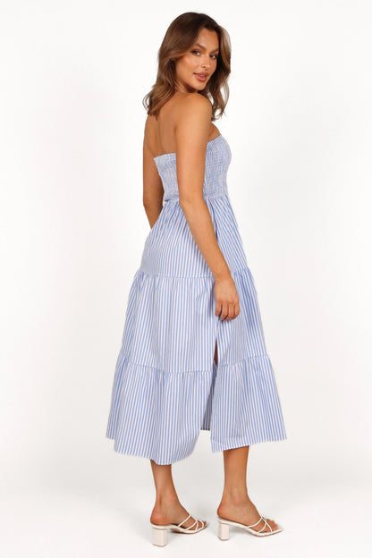 Maisie Strapless Midi Dress Blue Stripe