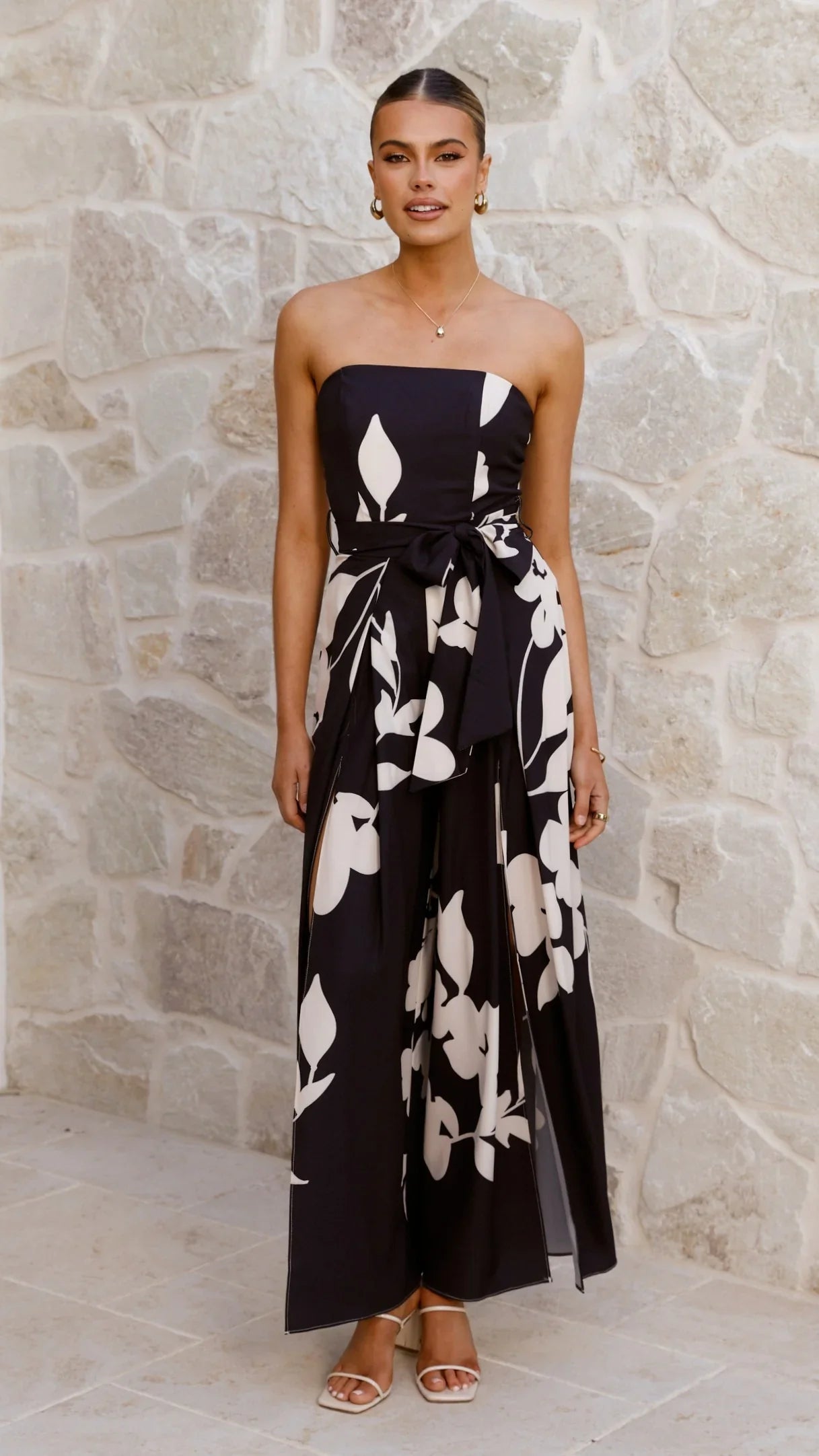 Carson Front Split Strapless Jumpsuit Black Floral