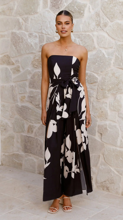 Carson Front Split Strapless Jumpsuit Black Floral