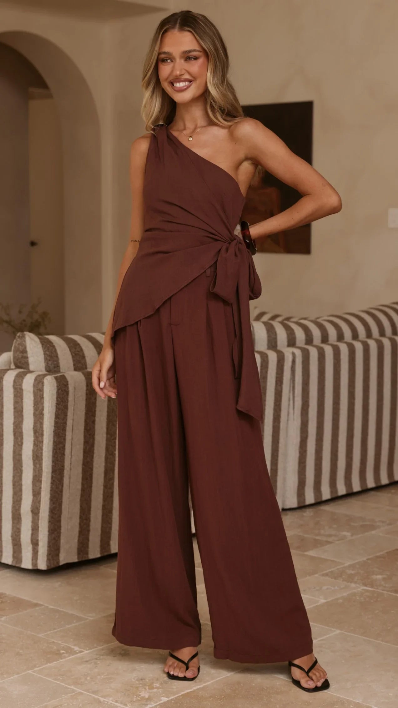 Leela One Shoulder Top and Pants Set Brown