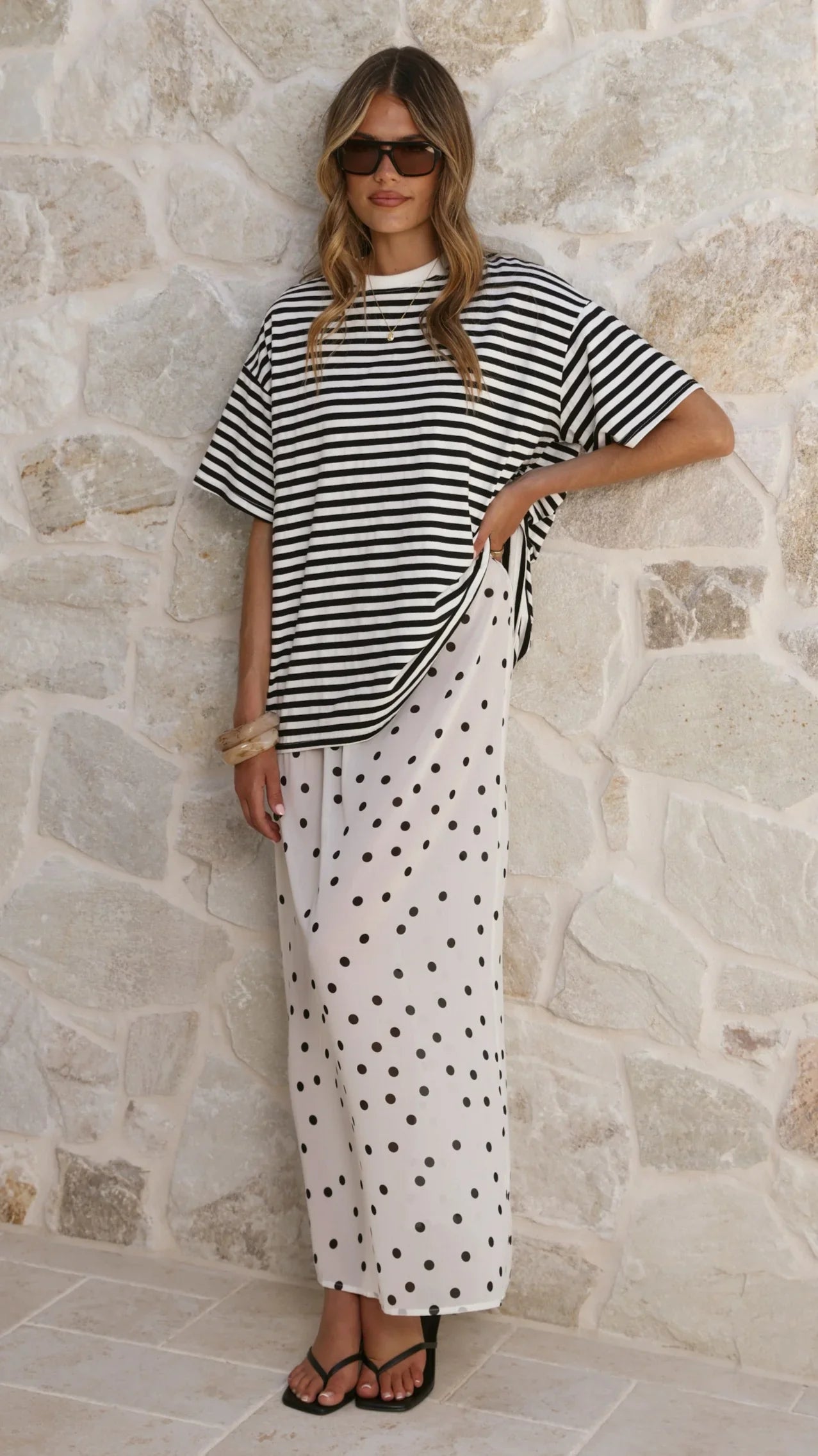 Elisha T Shirt and Sheer Maxi Skirt Set Black White Stripe and Polka Dot
