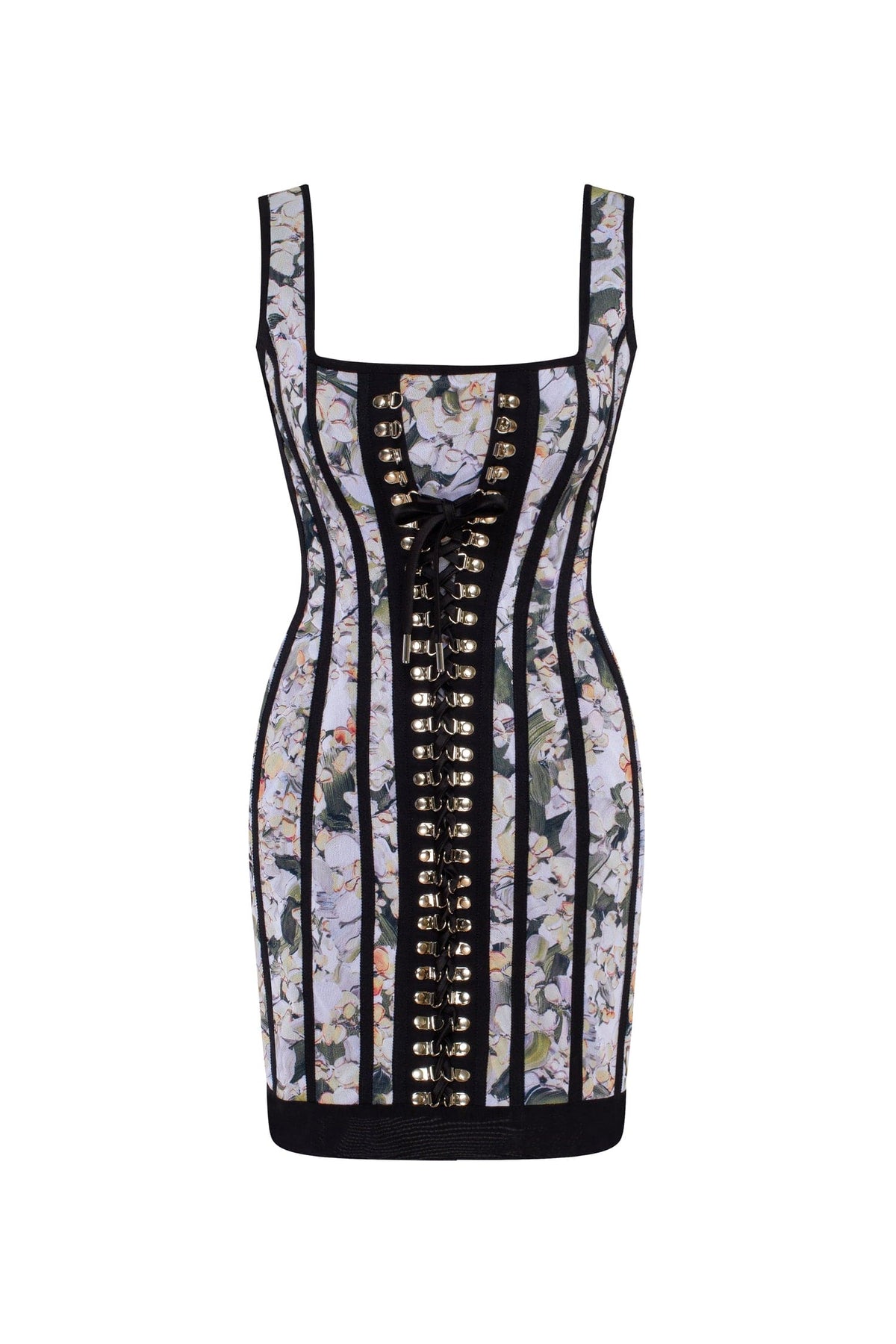 Alluring floral mini dress with bold lace up hook closure