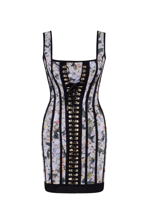 Alluring floral mini dress with bold lace up hook closure