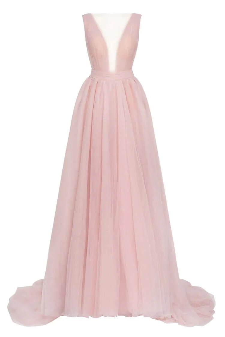 Misty Rose Bow Back Maxi Evening Tulle Dress