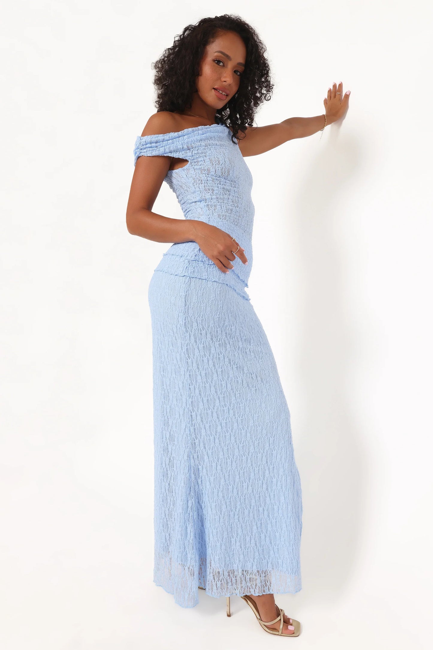 Faeriel Off Shoulder Lace Knit Top Blue