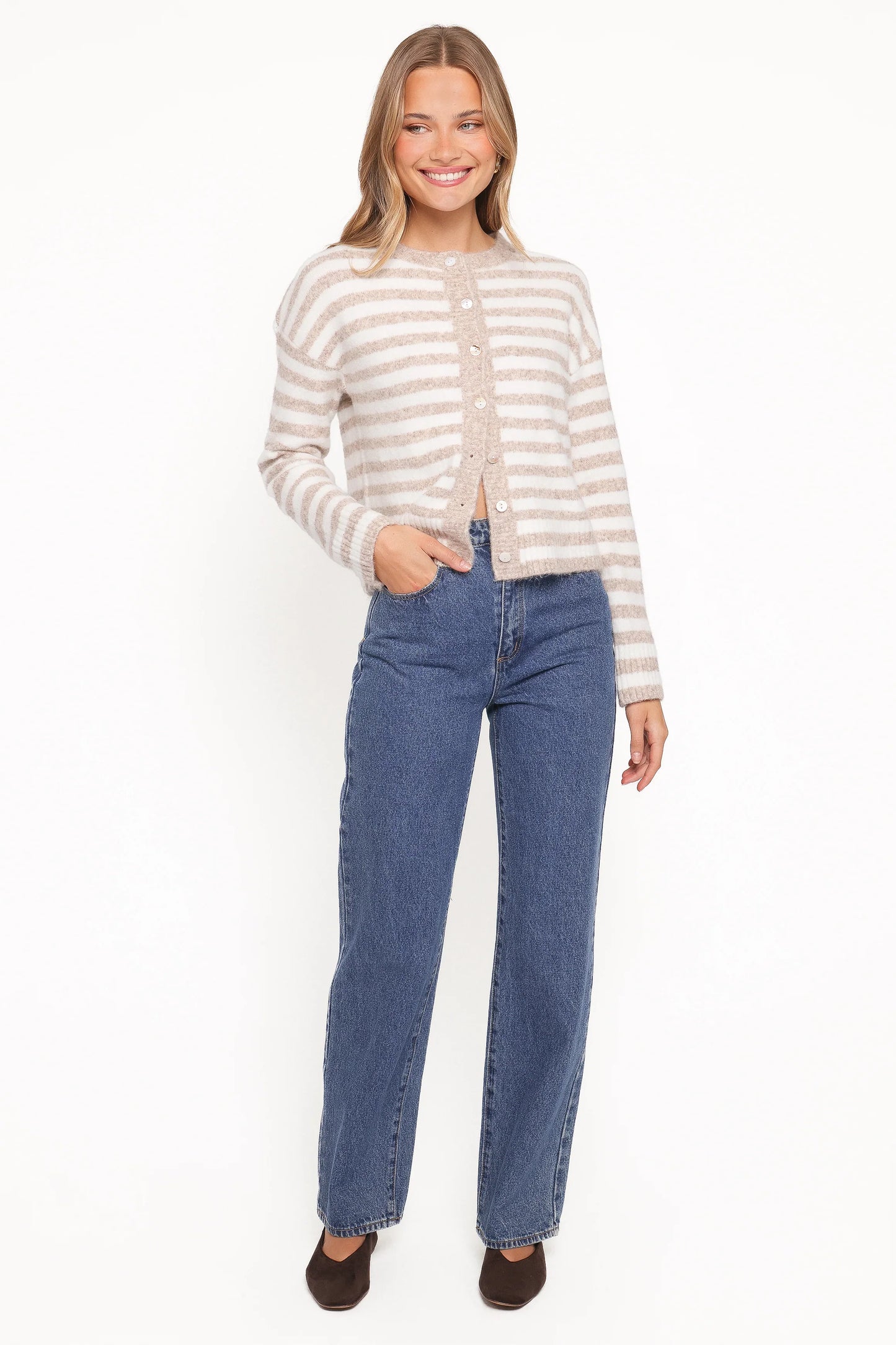 Dean Striped Cardigan White Beige