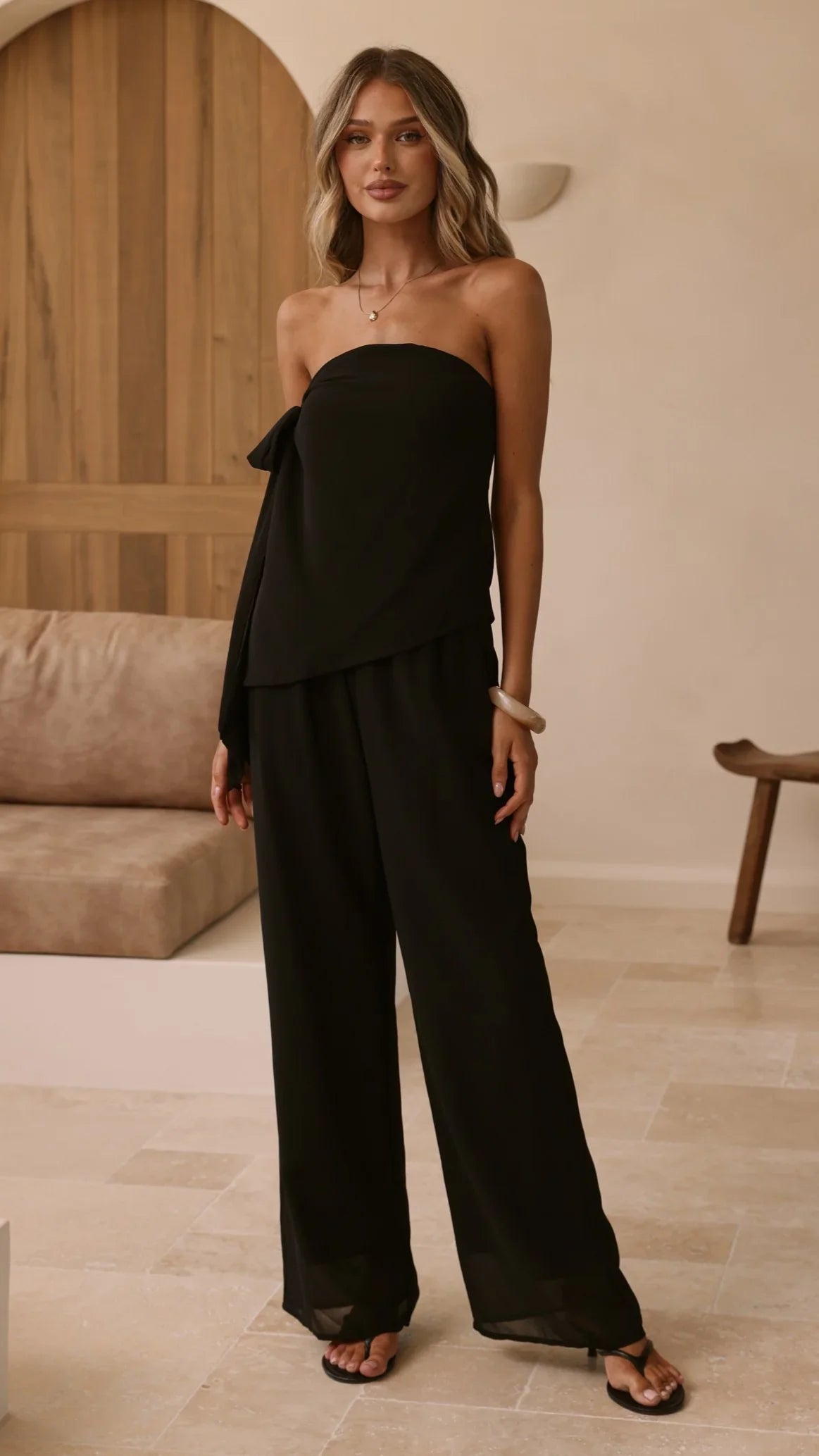 Zabrina Semi Sheer Strapless Top and Pants Set Black