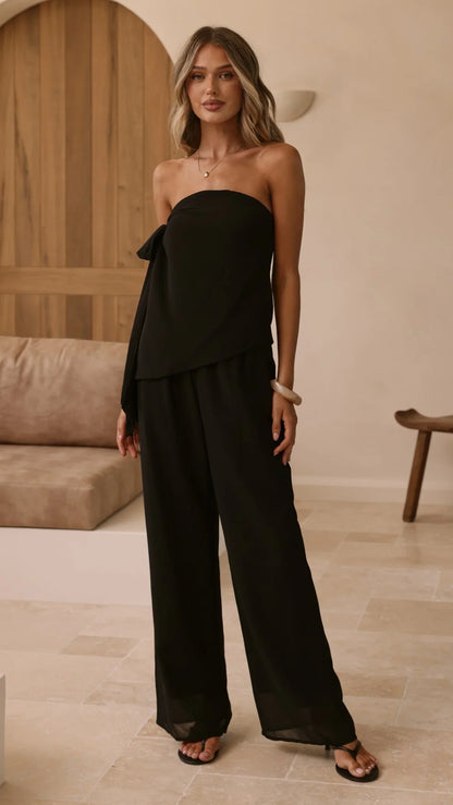 Zabrina Semi Sheer Strapless Top and Pants Set Black