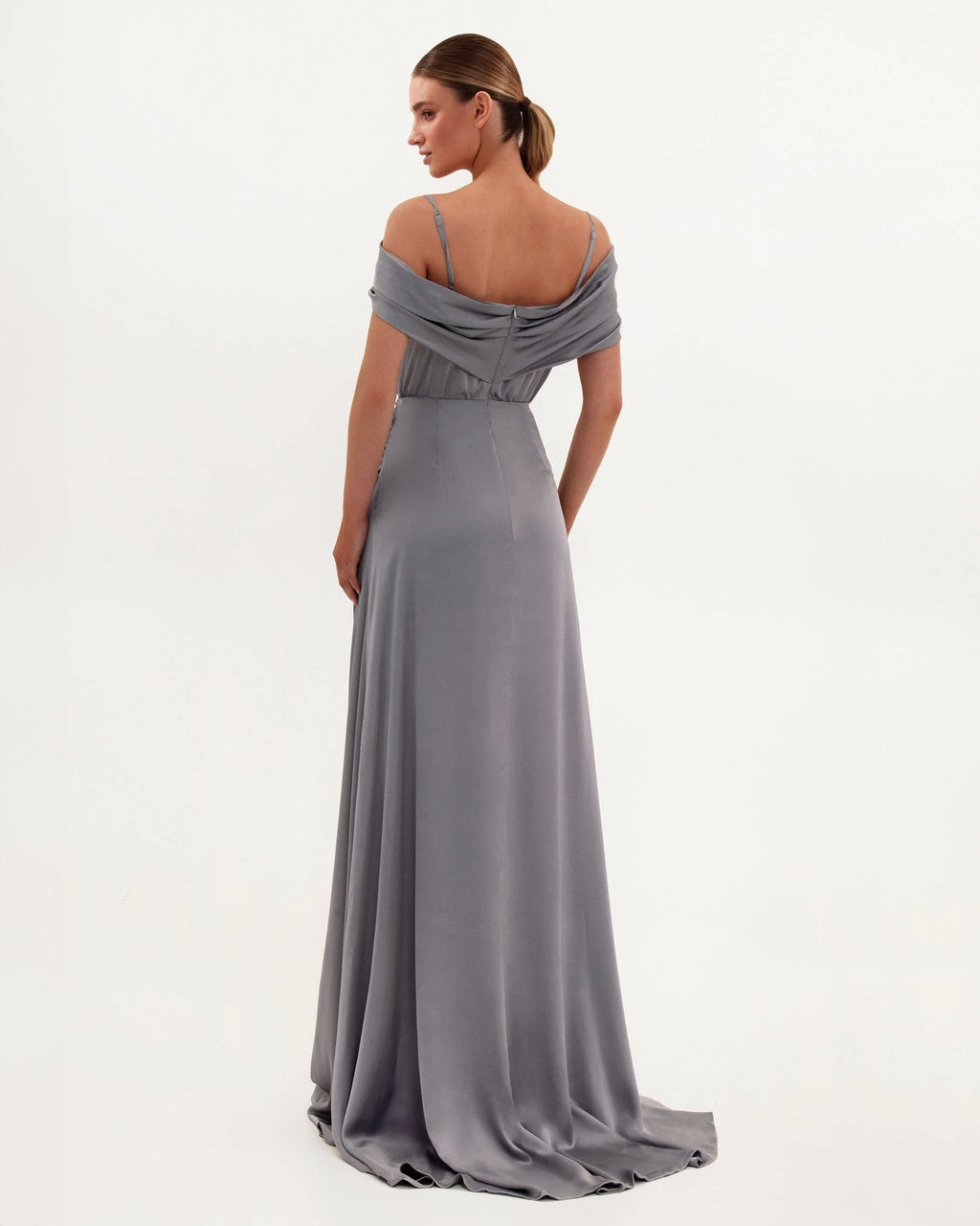 Elegant silver off the shoulder silk maxi dress