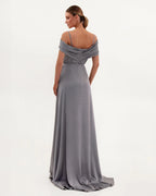 Elegant silver off the shoulder silk maxi dress
