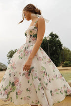 Tender floral midi tie strap dress