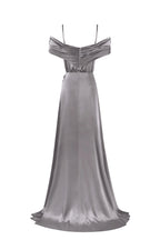 Elegant silver off the shoulder silk maxi dress