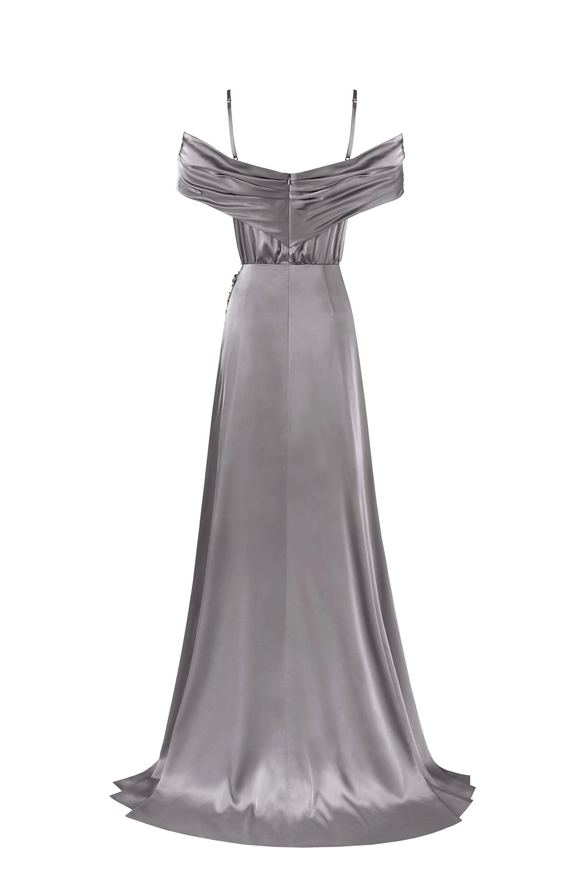 Elegant silver off the shoulder silk maxi dress