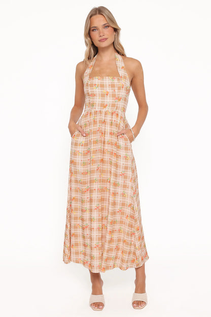 Gemini Halterneck Maxi Dress Yellow Floral Gingham