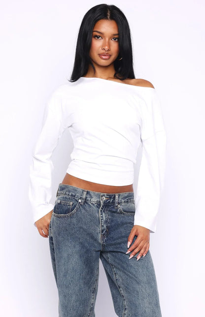 Falling For Him Cinched Waist Off Shoulder Long Sleeve Top White