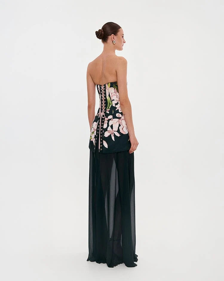 2 in 1 floral mini with a detachable deep ocean green underskirt