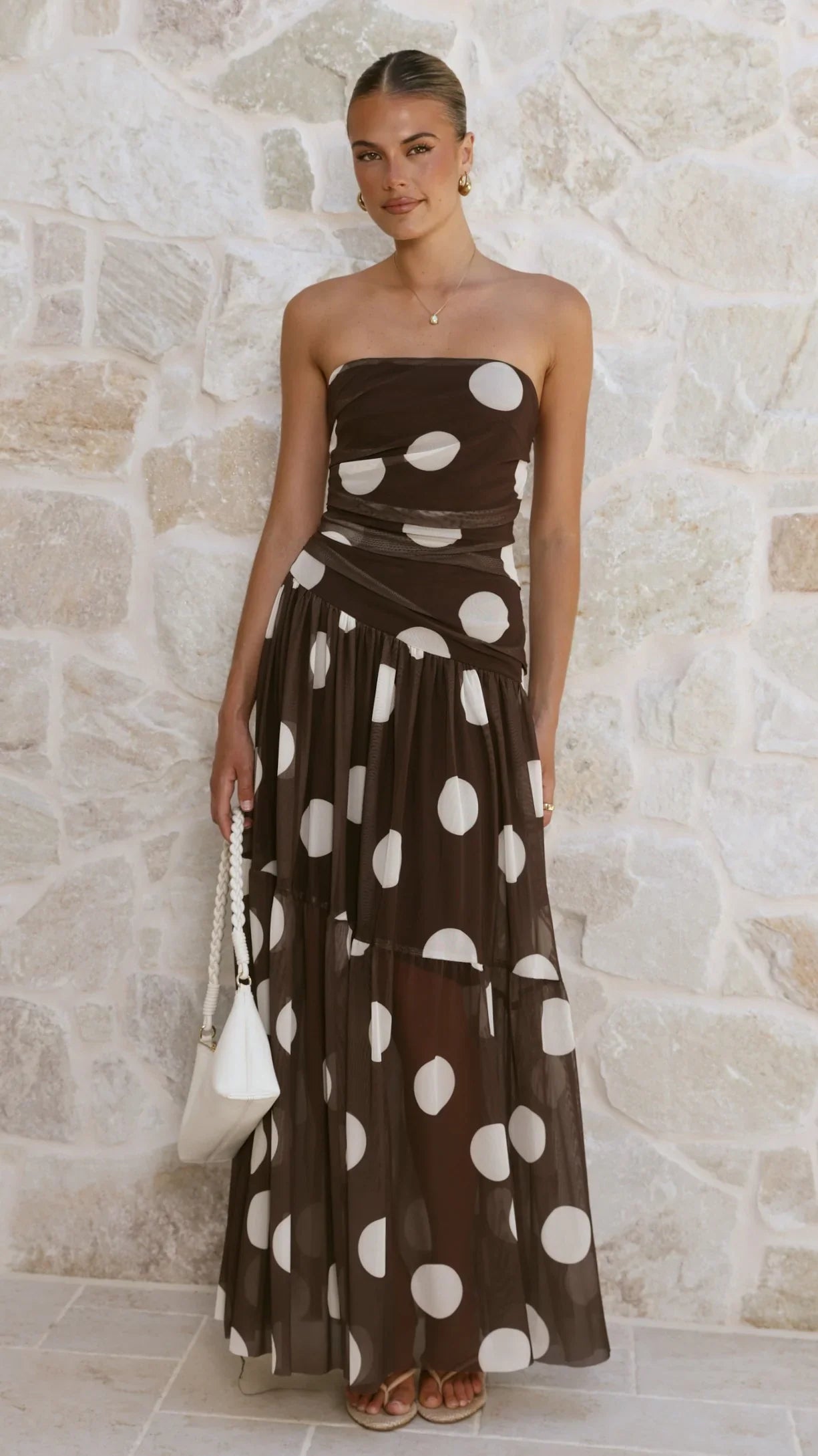 Riko Strapless Maxi Dress Chocolate Macro Polka
