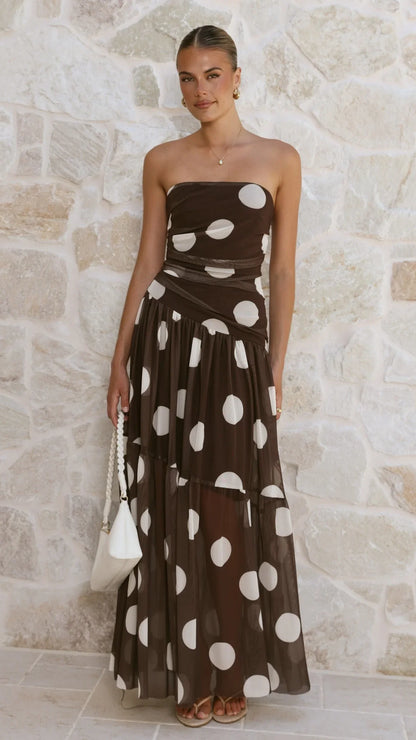 Riko Strapless Maxi Dress Chocolate Macro Polka
