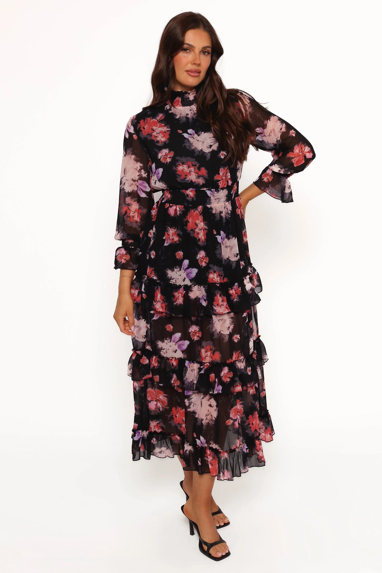 Isadora Long Sleeve Maxi Dress Black Blurred Floral