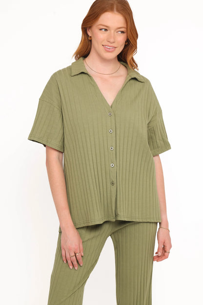 Phillipa Wide Ribbed Shirt Set Olive