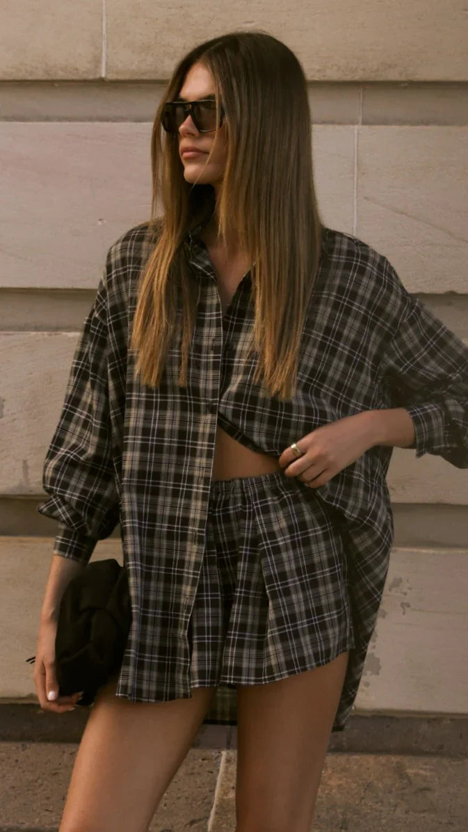Arli Button Up Shirt Black Beige Plaid
