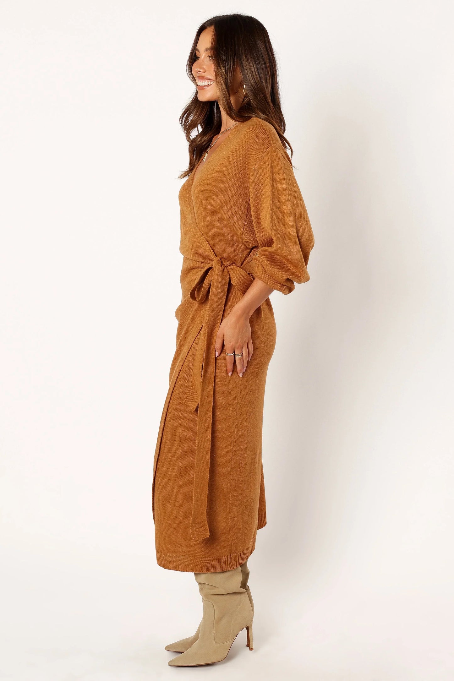 Nova Wrap Knit Midi Dress Camel