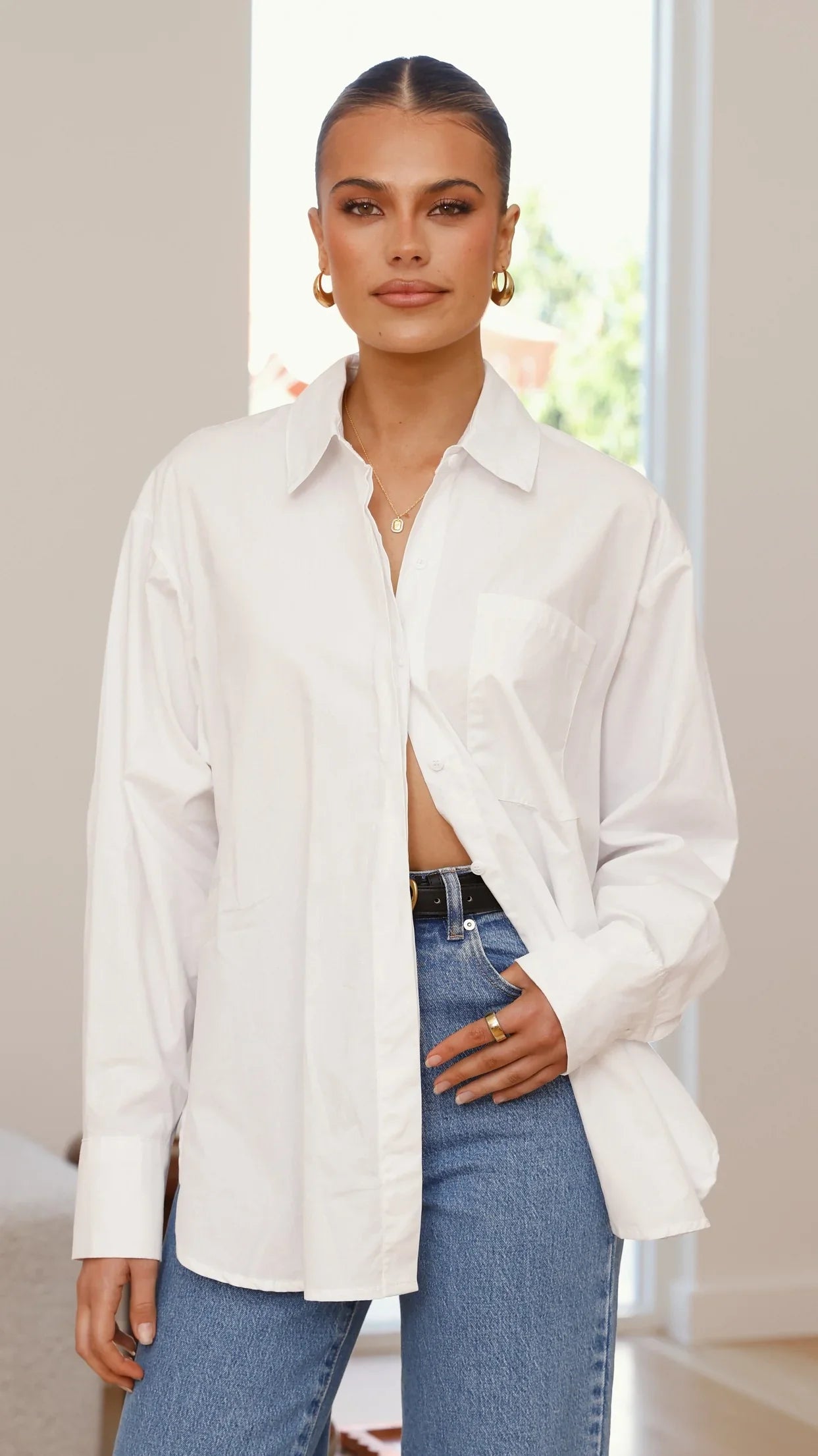 Charla Button Up Poplin Top White